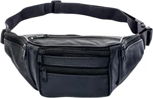 Retro Packs Black Leather Fanny Pack for Men & Women, Fashionable Multi-Pockets Waist Belt Bag for Travel Sports Hiking Cycling Fishing Running