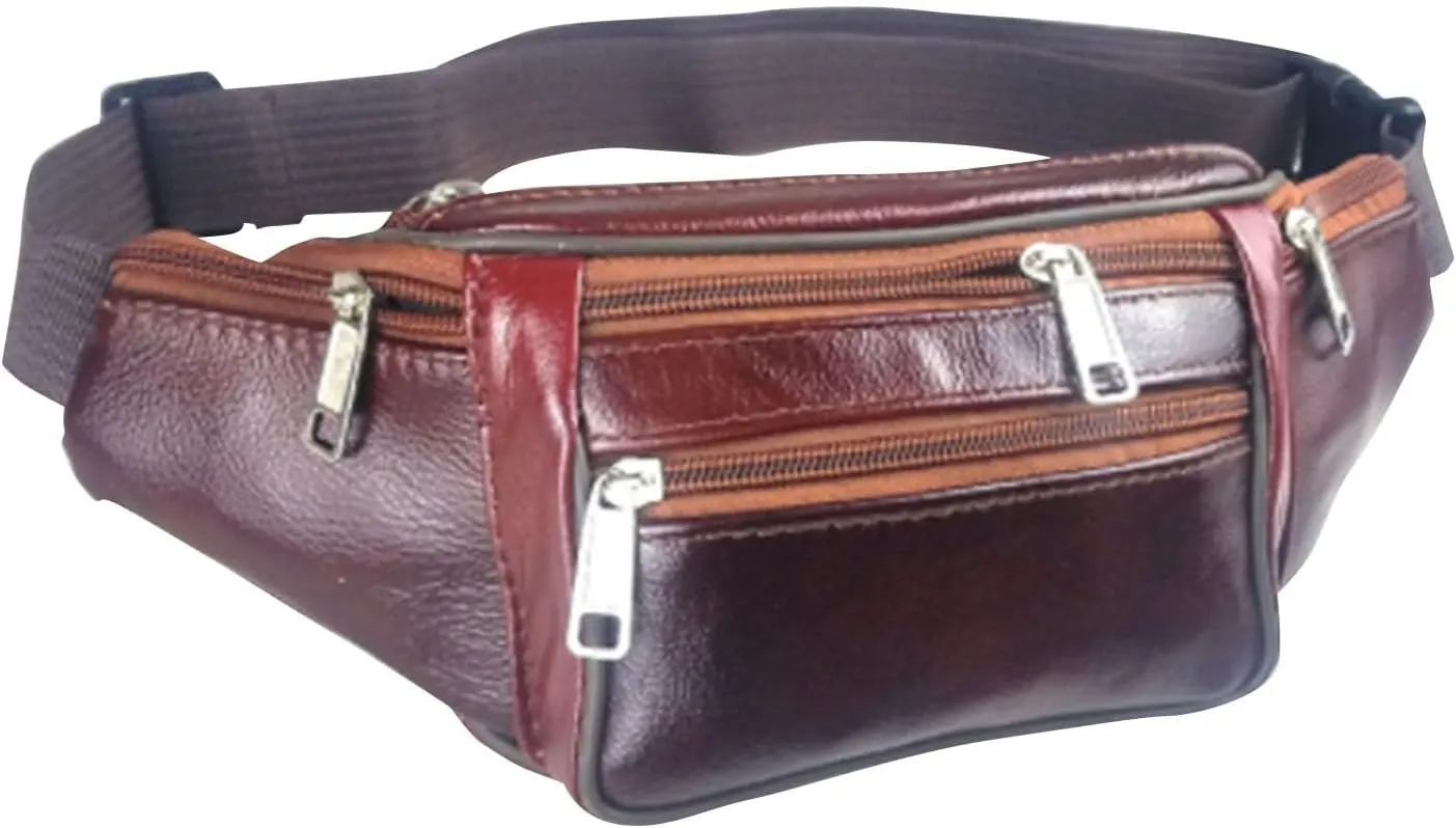 Retro Packs Black Leather Fanny Pack for Men & Women, Fashionable Multi-Pockets Waist Belt Bag for Travel Sports Hiking Cycling Fishing Running