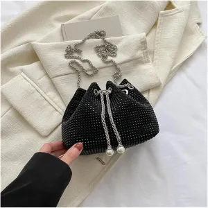 Rhinestone Bags Women Rhinestone Bucket Bags Retro Pearl Chain Ladies Shoulder Bags Shiny Small Crossbody Bags(Black)