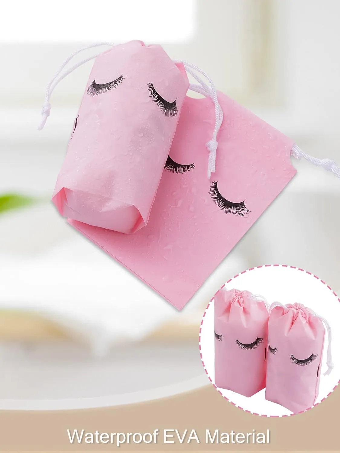 Rohuis 50pcs Eyelash Aftercare Lash Bags for Clients - Drawstring Makeup Cosmetic Shampoo Sample Pouches for Women and Girls- Small Business Supplies (Pink,5 x 7 Inches)