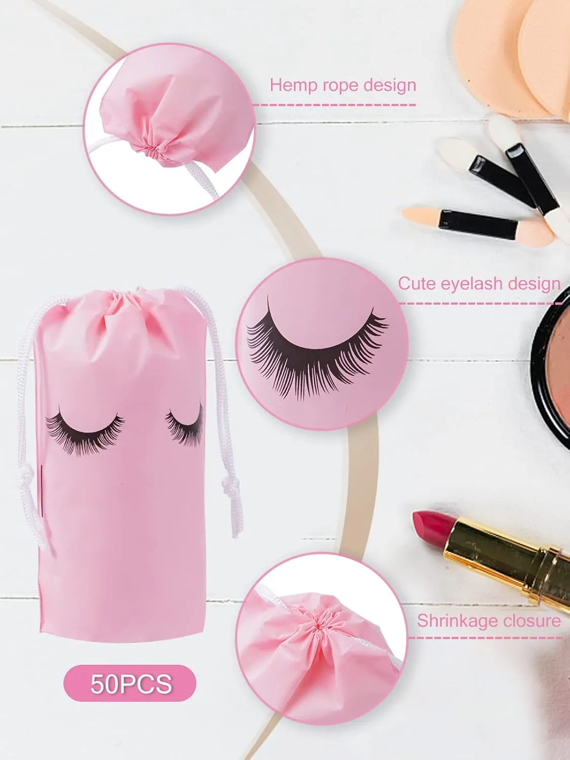 Rohuis 50pcs Eyelash Aftercare Lash Bags for Clients - Drawstring Makeup Cosmetic Shampoo Sample Pouches for Women and Girls- Small Business Supplies (Pink,5 x 7 Inches)