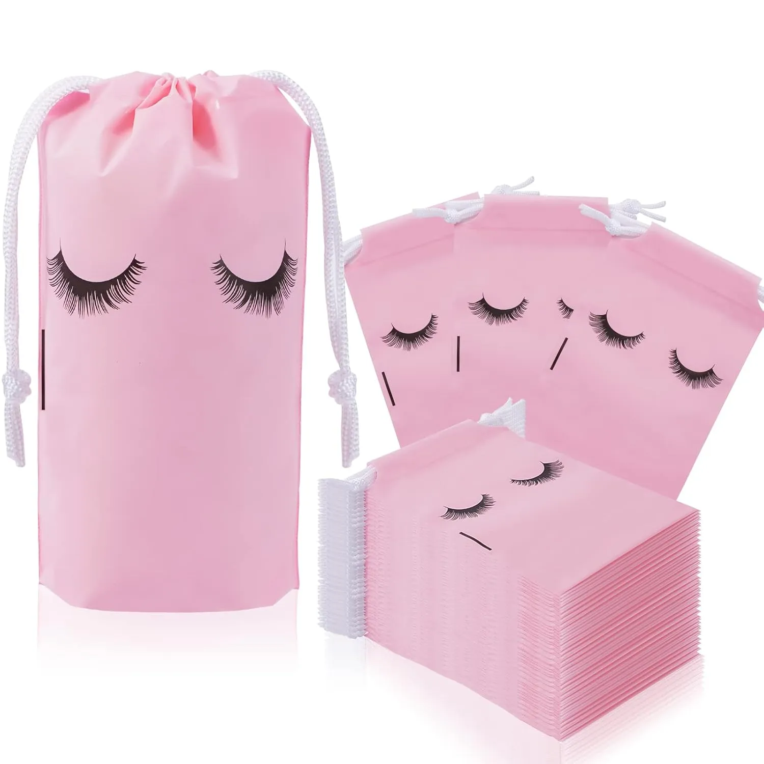 Rohuis 50pcs Eyelash Aftercare Lash Bags for Clients - Drawstring Makeup Cosmetic Shampoo Sample Pouches for Women and Girls- Small Business Supplies (Pink,5 x 7 Inches)