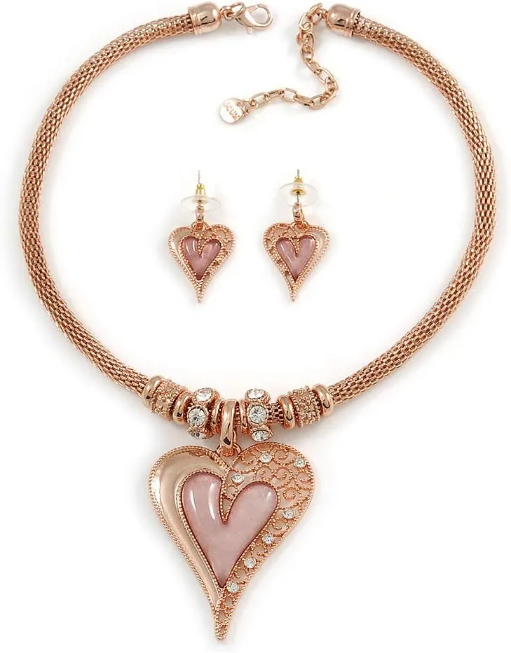 Romantic Crystal Heart Mesh Necklace and Stud Earrings Set In Rose Gold Metal (Pink) - 39cm L/ 8cm Ext - Gift Boxed