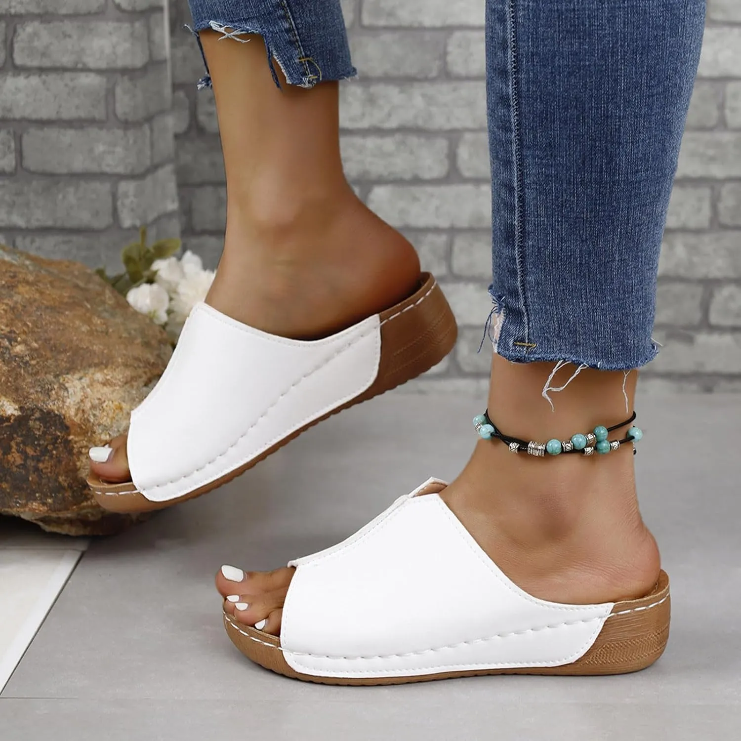 Sandals for Women 2025 Dressy Comfortable Orthopedic Wedge Sandals Wide Width Open Toe Slip On Damping Sole Slippers Shoes Women All Day Walking Casual Sandal Summer Beach Boho Slide Sandal