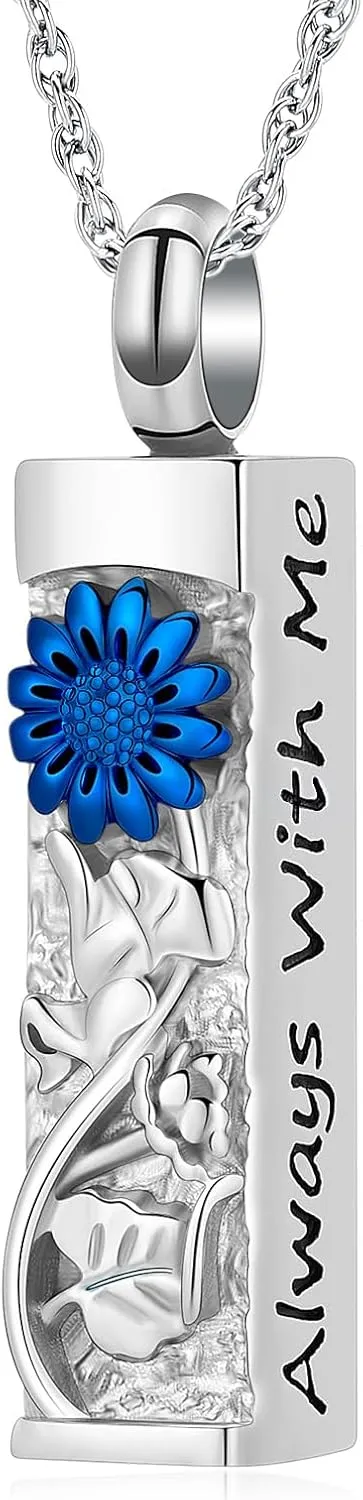 shajwo Bar Cremation Jewelry Sunflower Urn Necklaces for Ashes for Women Men Memorial Human Ashes Pendant