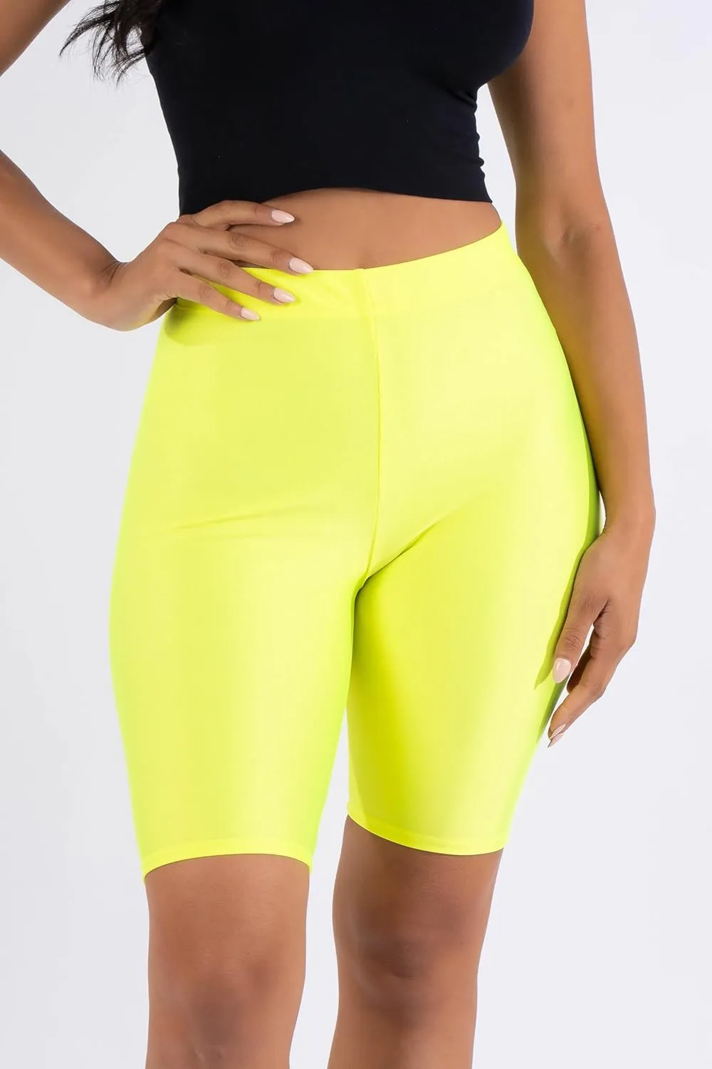 Shiny Biker Shorts Colorful Knee Length High Waist Active Slip Shorts Boy Shorts Dance Yoga Running Lounge
