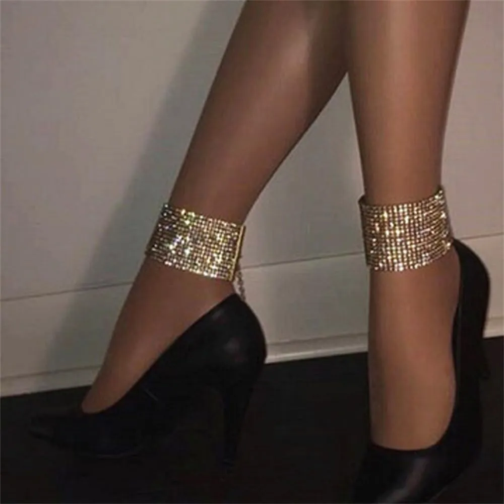 Shiny Rhinestone Layered Anklet for Women Wide Statement Cubic Zirconia Crystal Ankle Adjustable Foot Chain Wedding Beach Fashion Jewelry