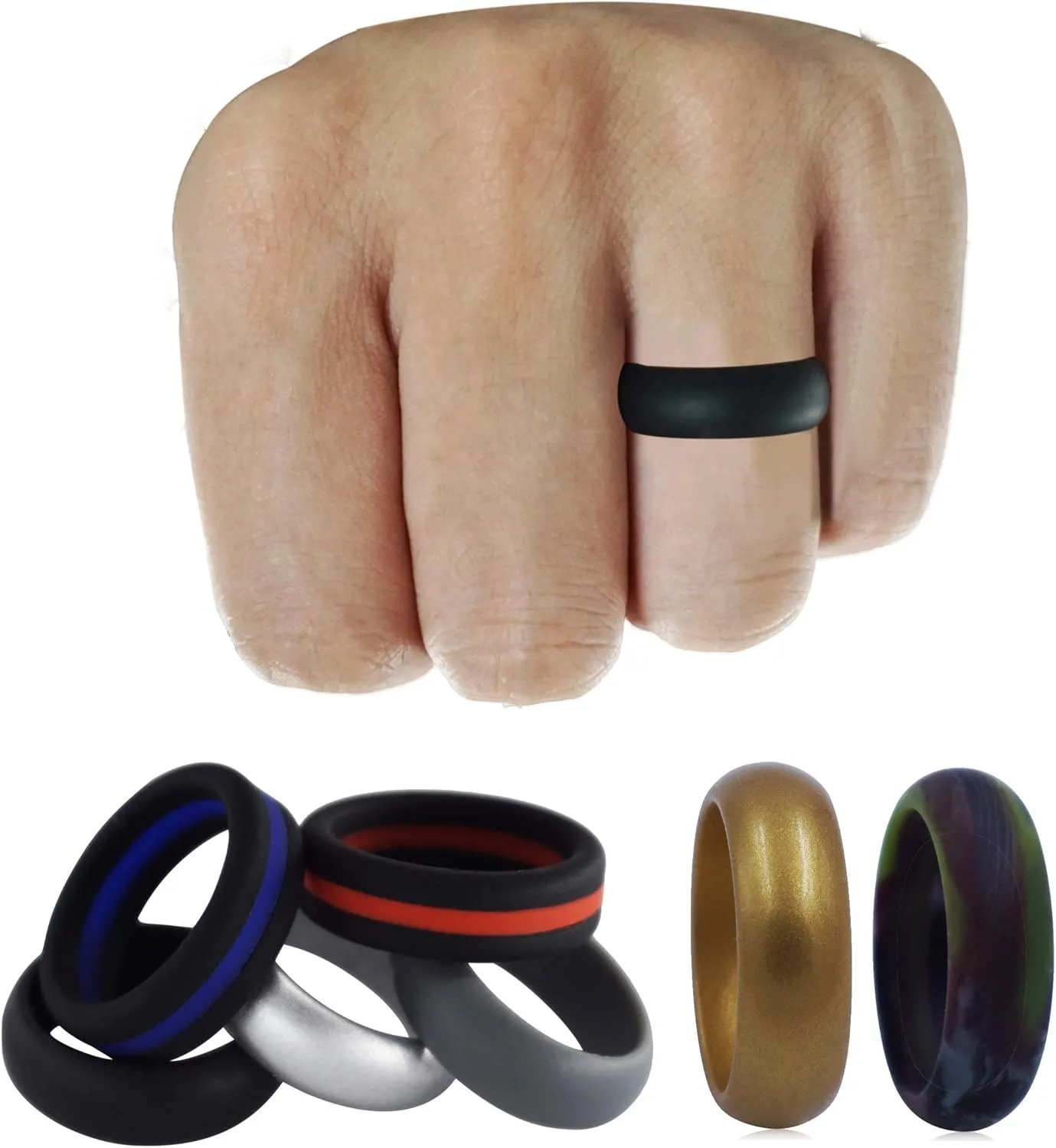 Silicone Wedding Rings for Men Silicone Rubber Wedding Bands 7 Pack & Singles 8.0mm Width Comfortable Silicone Ring