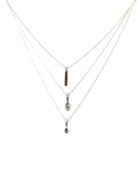 Silver Bar Amethyst Initial Leaf Layered Necklace Set - Silver (16 inch-18 inch-20 inch, Y)