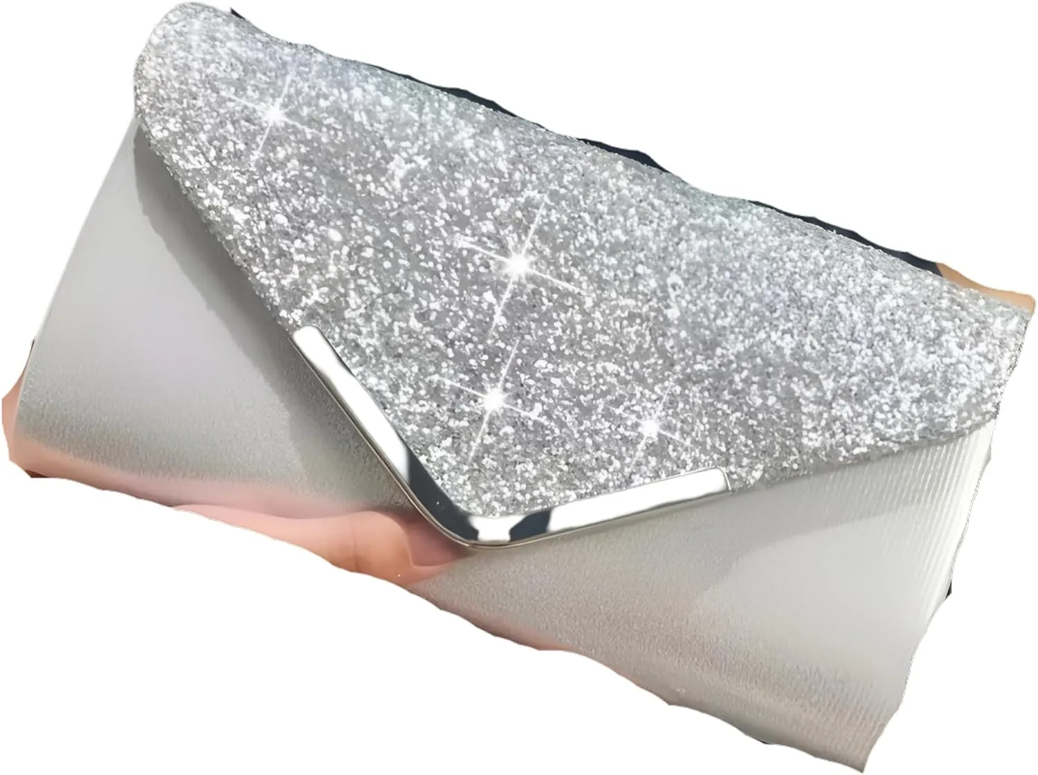 Silver Clutch Purses  Glitter Envelope Clutch with Closure, Detachable Strap, Elegant Sparkly Handbag