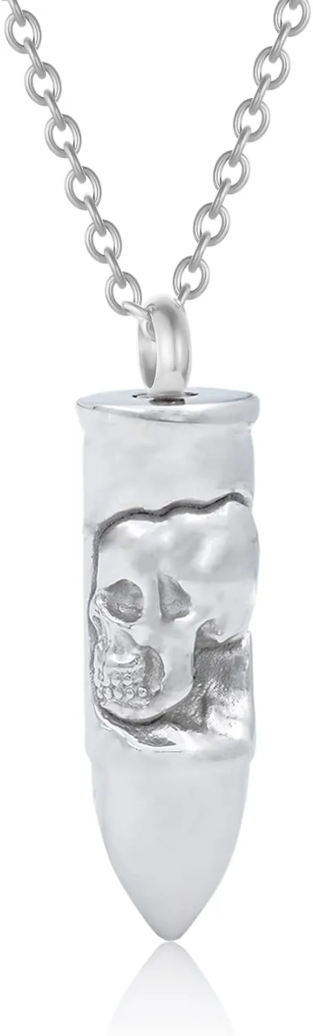 Skull Bullet Urn Necklace - Stainless Steel Punk Cremation Keepsake Jewelry for Men - Skeleton Bullet Urn Pendant