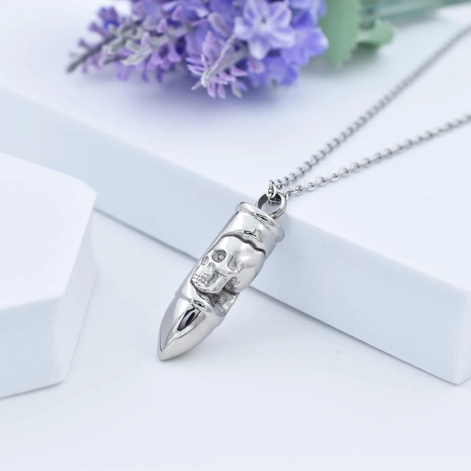 Skull Bullet Urn Necklace - Stainless Steel Punk Cremation Keepsake Jewelry for Men - Skeleton Bullet Urn Pendant