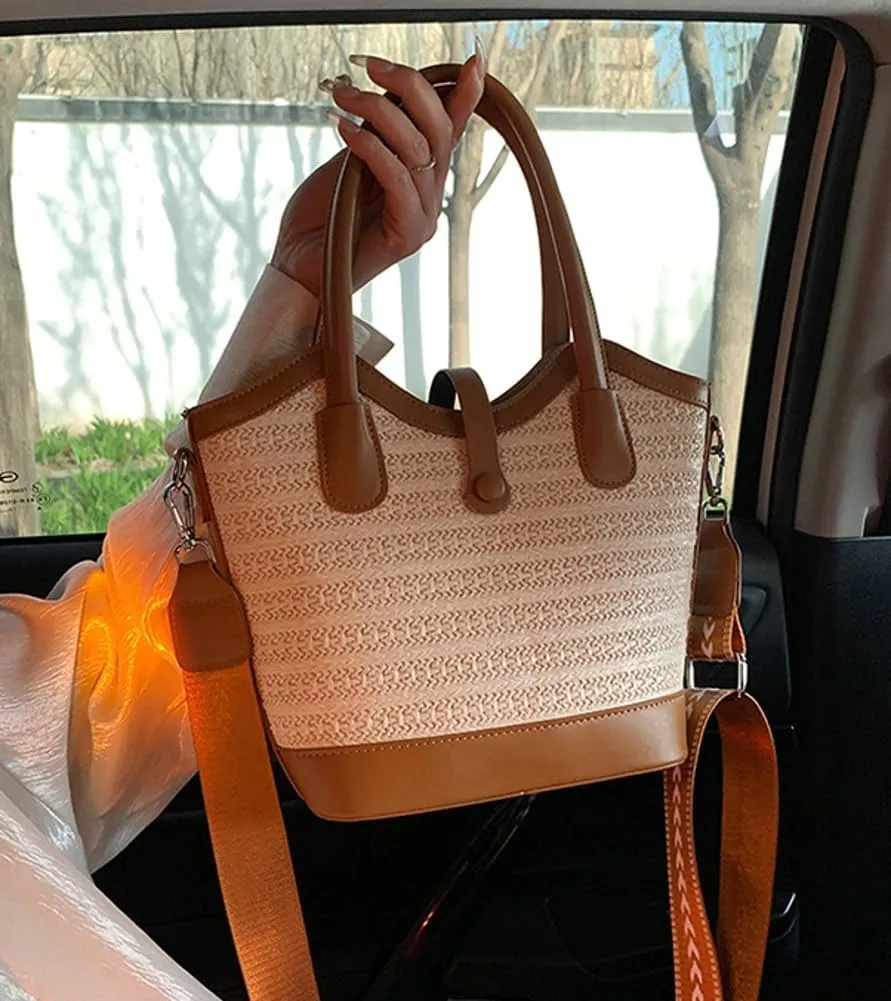 Slouchy Woven Bucket Purses for Women Crossbody Handbag Trendy Ladies Straw Shoulder Bags with Strap for Work, Travel