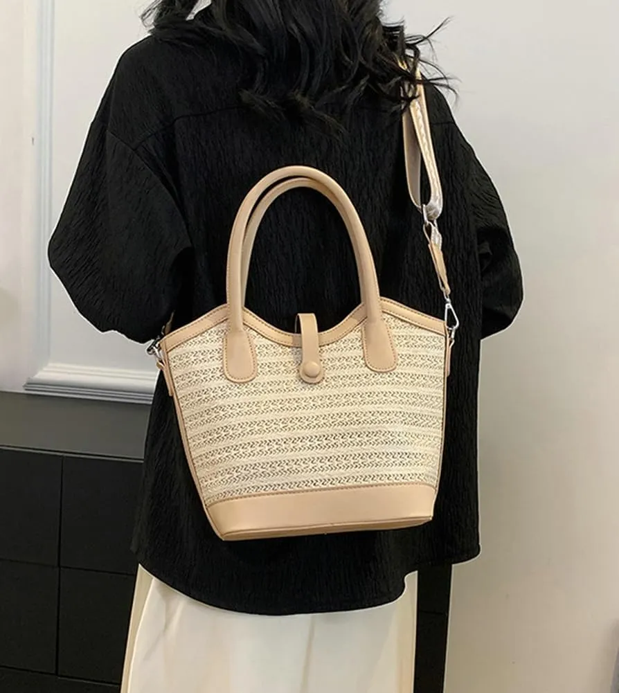 Slouchy Woven Bucket Purses for Women Crossbody Handbag Trendy Ladies Straw Shoulder Bags with Strap for Work, Travel