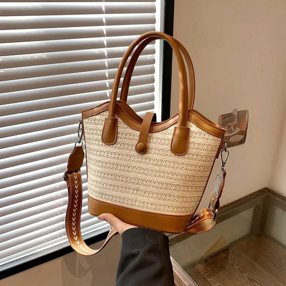 Slouchy Woven Bucket Purses for Women Crossbody Handbag Trendy Ladies Straw Shoulder Bags with Strap for Work, Travel