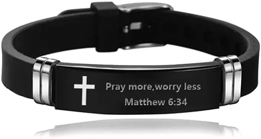 Sport Cross Silicone ID Bracelet Men Women Wristband Engraved Inspirational Quote Faith Christian Bible Bangle Stainless Steel Rubber Adjustable Bracelet