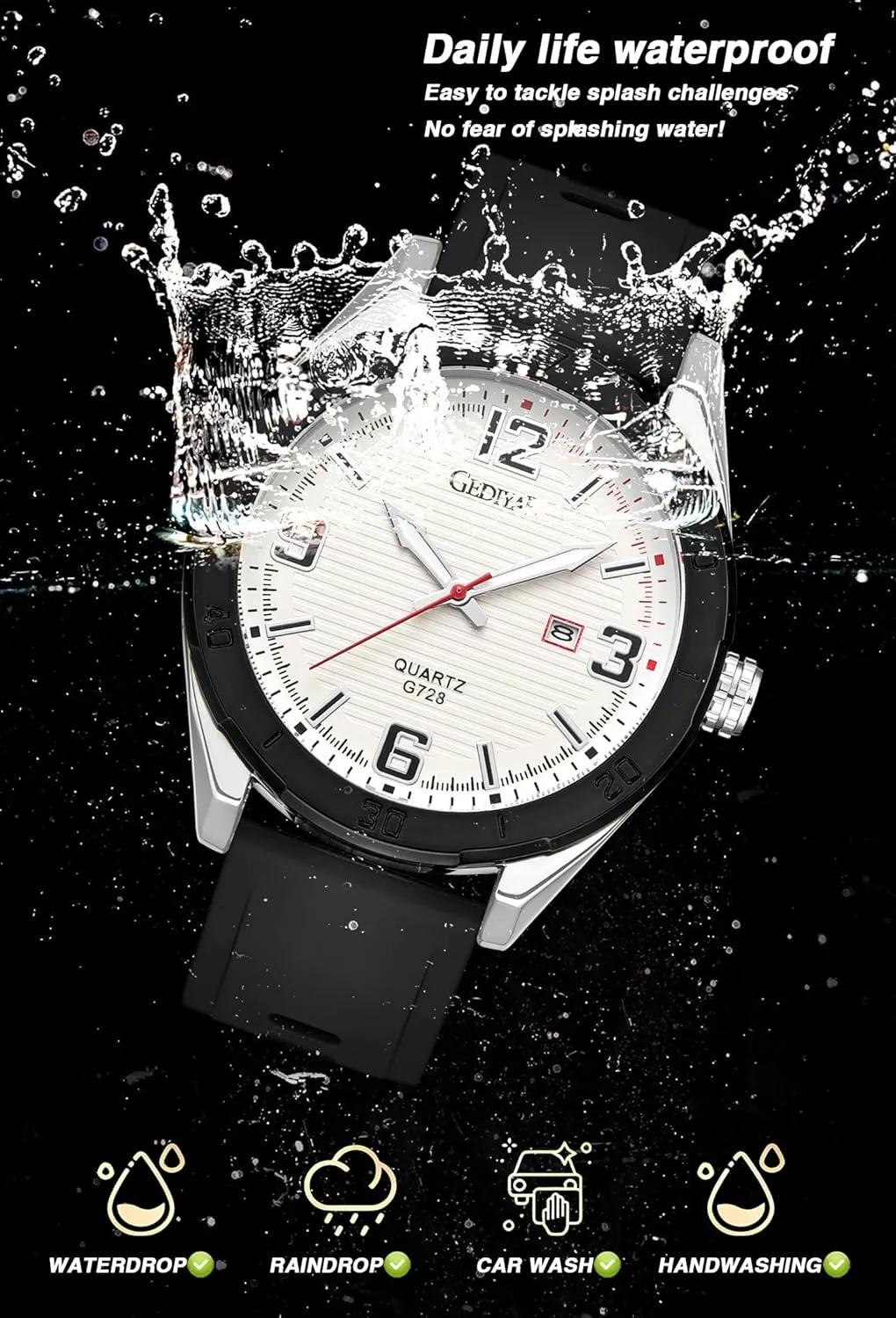 Sport Waterproof Large Big Face Watches for Men Students, Silicone Band Watch with Second Hand Luxury Classic Date Dial Analog Watch,Elegance Comfort