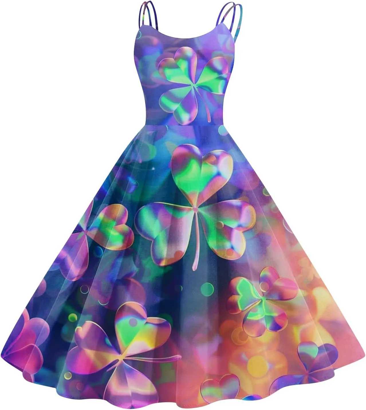 St Patricks Dresses for Women Party Sleeveless Vintage Off Shoulder Midi A-Line Shamrock Print Dresses