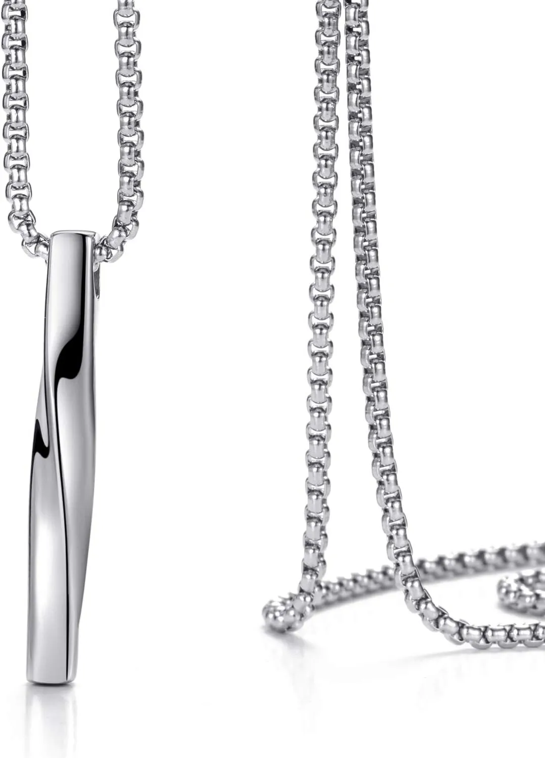 Stainless Steel Pendant Necklace for Men and Women, Unisex Twisted Cube Bar Pendant with Link Chain