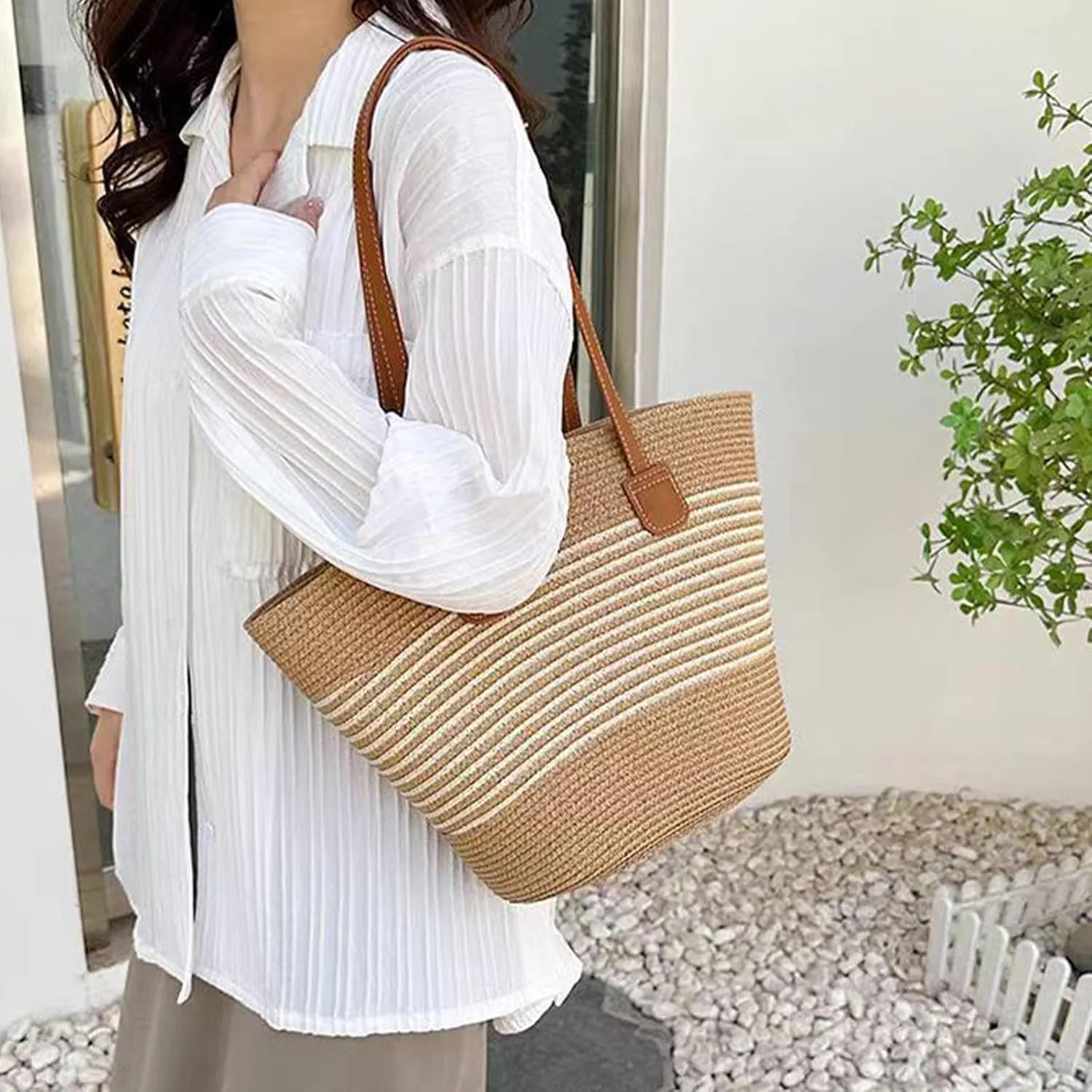 Straw Beach Bag for Women Summer Shoulder Bucket Handbag Straw Tote Bag Woven Shoulder Purses