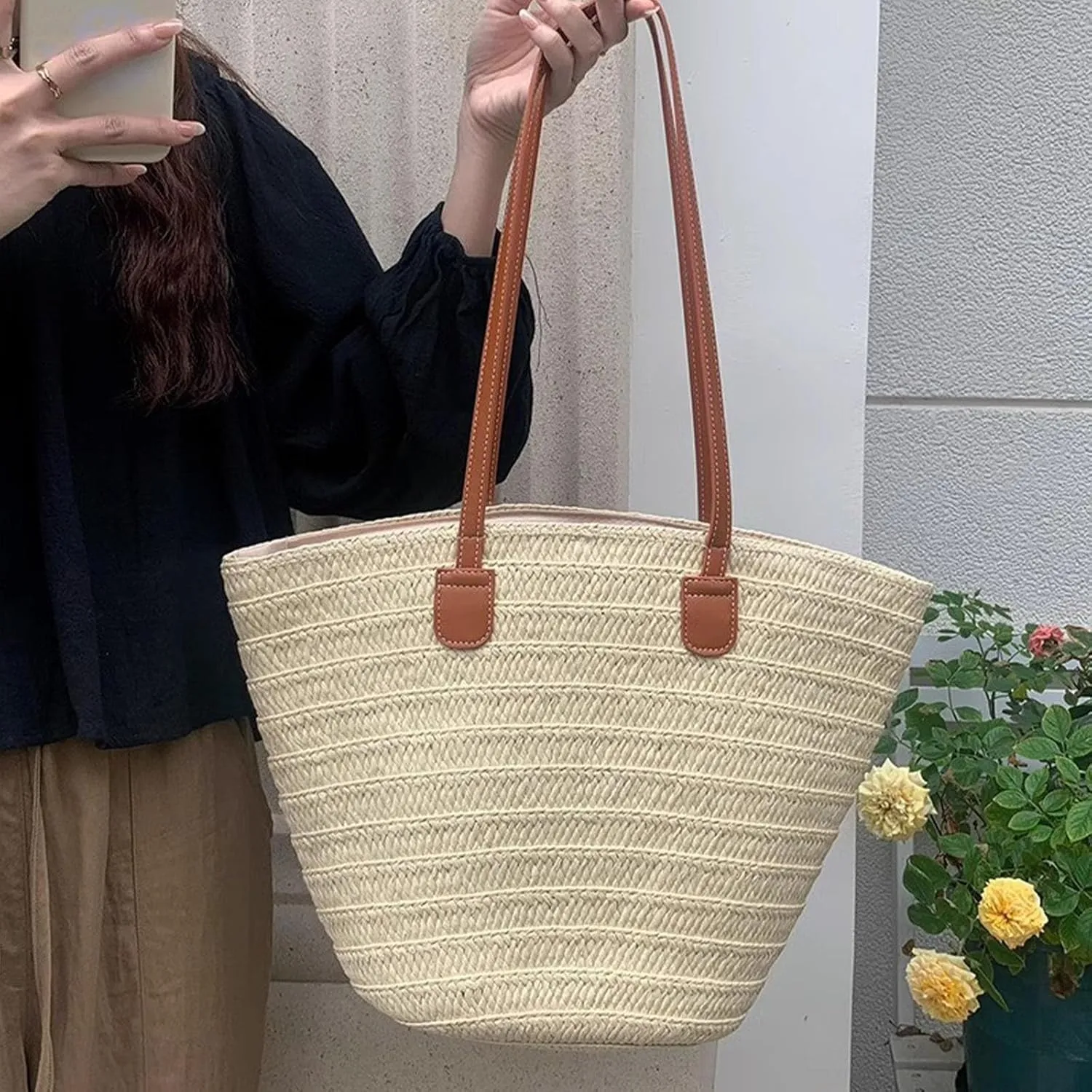 Straw Beach Bag for Women Summer Shoulder Bucket Handbag Straw Tote Bag Woven Shoulder Purses