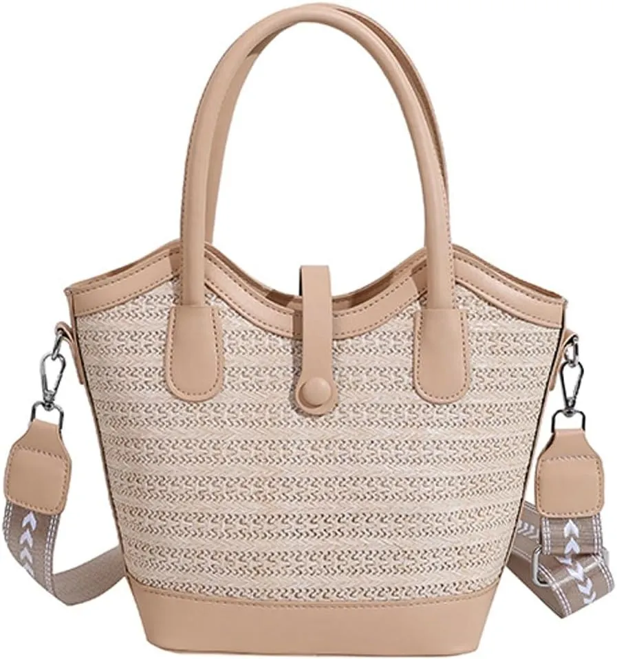Straw Beach Tote Bag for Women Woven Bucket Purse Top Handle Summer Shoulder Bag Crossbody Handbag with Wide Strap 2025