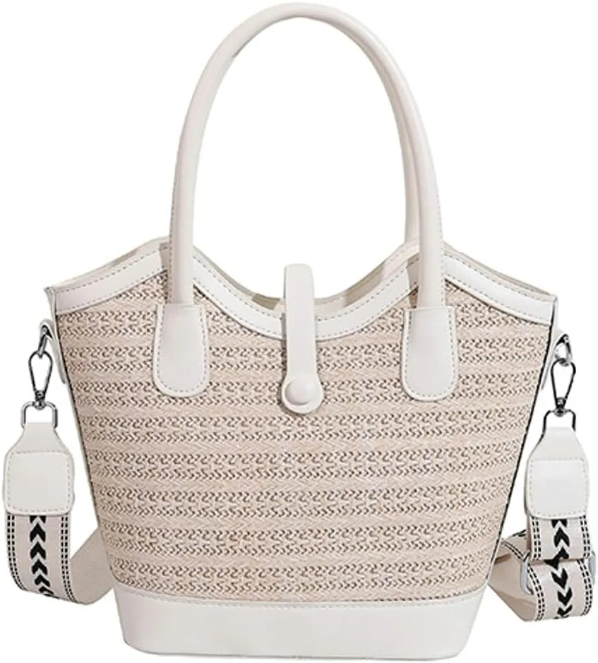 Straw Beach Tote Bag for Women Woven Bucket Purse Top Handle Summer Shoulder Bag Crossbody Handbag with Wide Strap 2025