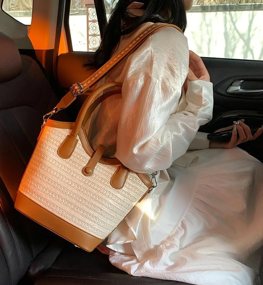 Straw Beach Tote Bag for Women Woven Bucket Purse Top Handle Summer Shoulder Bag Crossbody Handbag with Wide Strap 2025