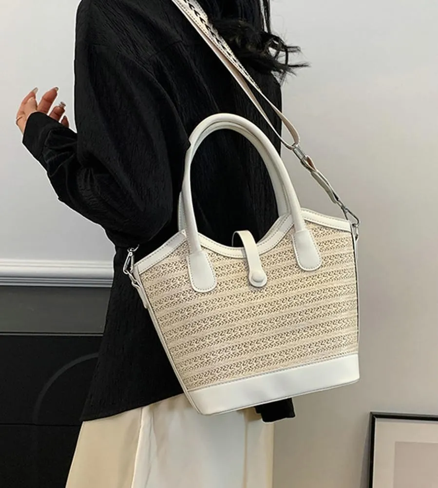 Straw Beach Tote Bag for Women Woven Bucket Purse Top Handle Summer Shoulder Bag Crossbody Handbag with Wide Strap 2025