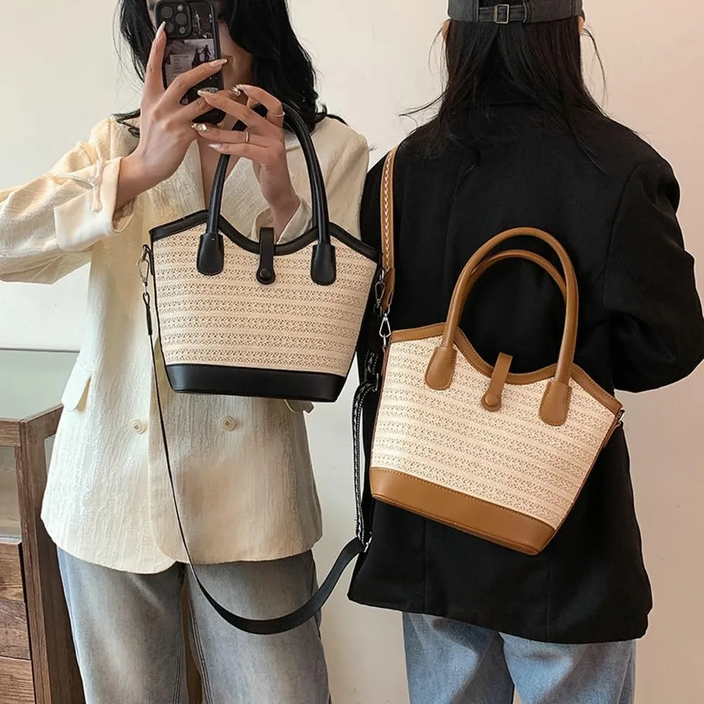 Straw Beach Tote Bag for Women Woven Bucket Purse Top Handle Summer Shoulder Bag Crossbody Handbag with Wide Strap 2025