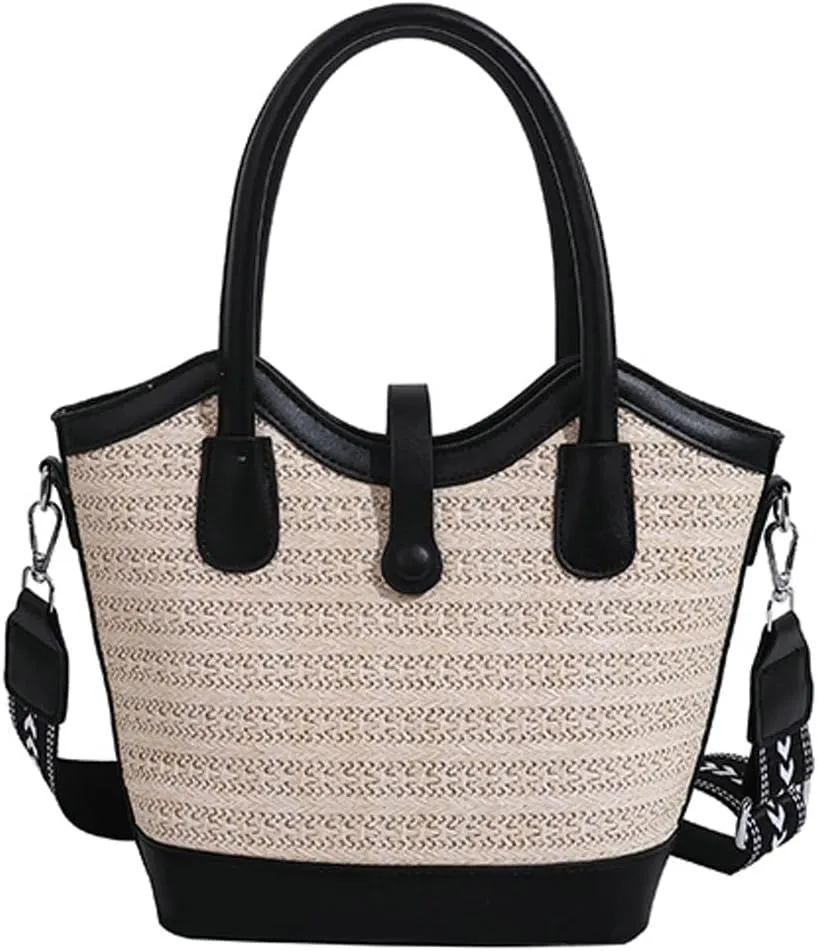 Straw Beach Tote Bag for Women Woven Bucket Purse Top Handle Summer Shoulder Bag Crossbody Handbag with Wide Strap 2025