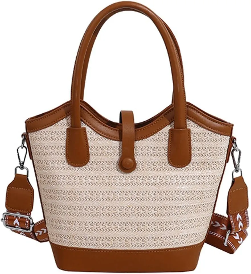 Straw Beach Tote Bag for Women Woven Bucket Purse Top Handle Summer Shoulder Bag Crossbody Handbag with Wide Strap 2025