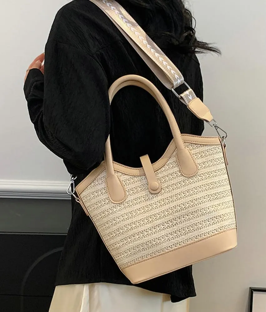 Straw Beach Tote Bag for Women Woven Bucket Purse Top Handle Summer Shoulder Bag Crossbody Handbag with Wide Strap 2025