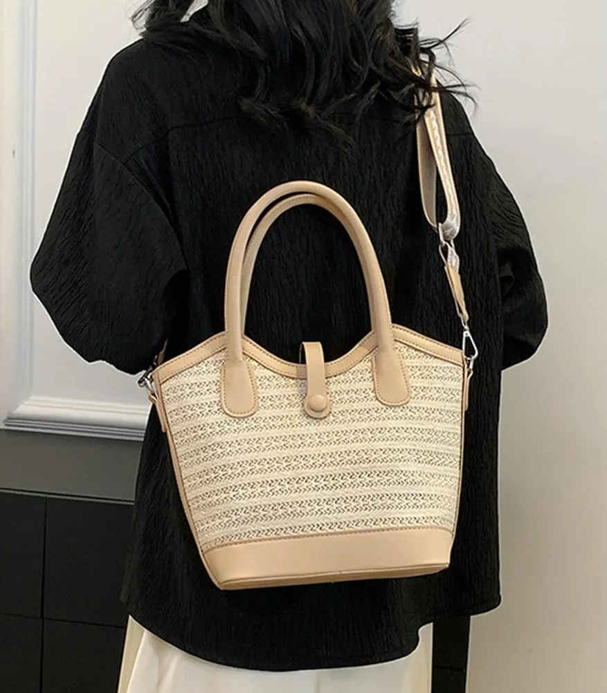 Straw Beach Tote Bag for Women Woven Bucket Purse Top Handle Summer Shoulder Bag Crossbody Handbag with Wide Strap 2025