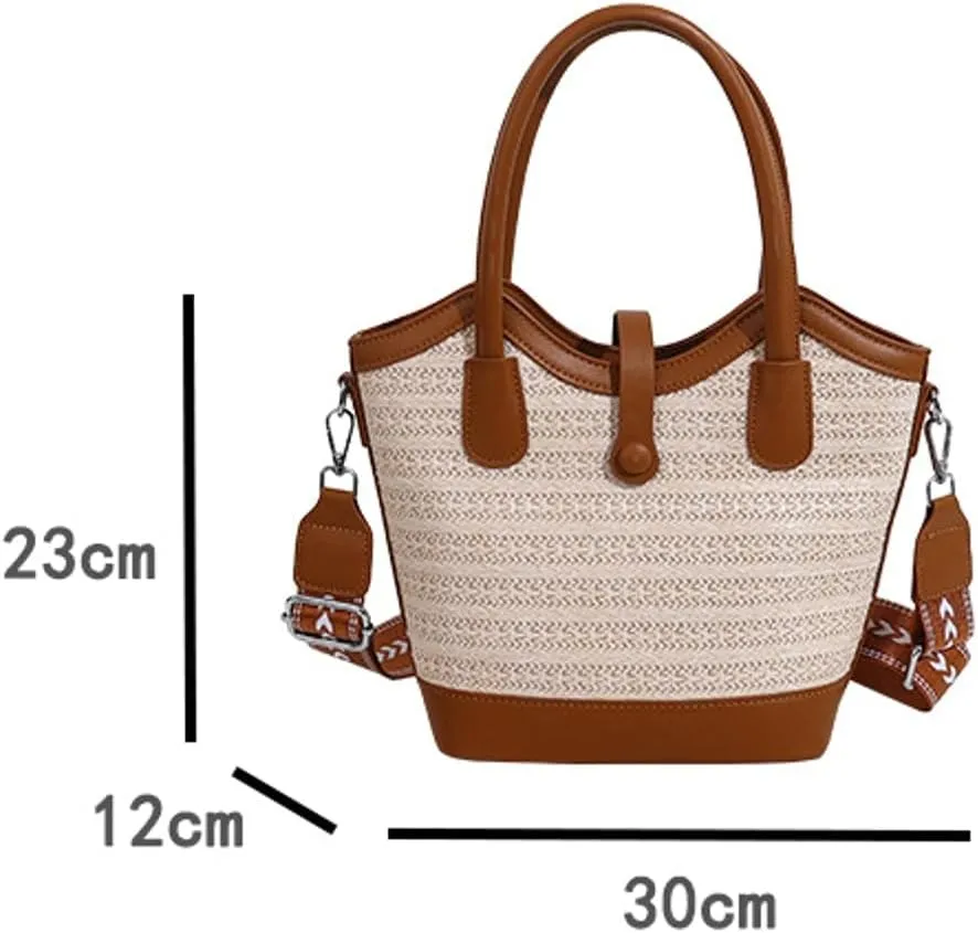 Straw Beach Tote Bag for Women Woven Bucket Purse Top Handle Summer Shoulder Bag Crossbody Handbag with Wide Strap 2025