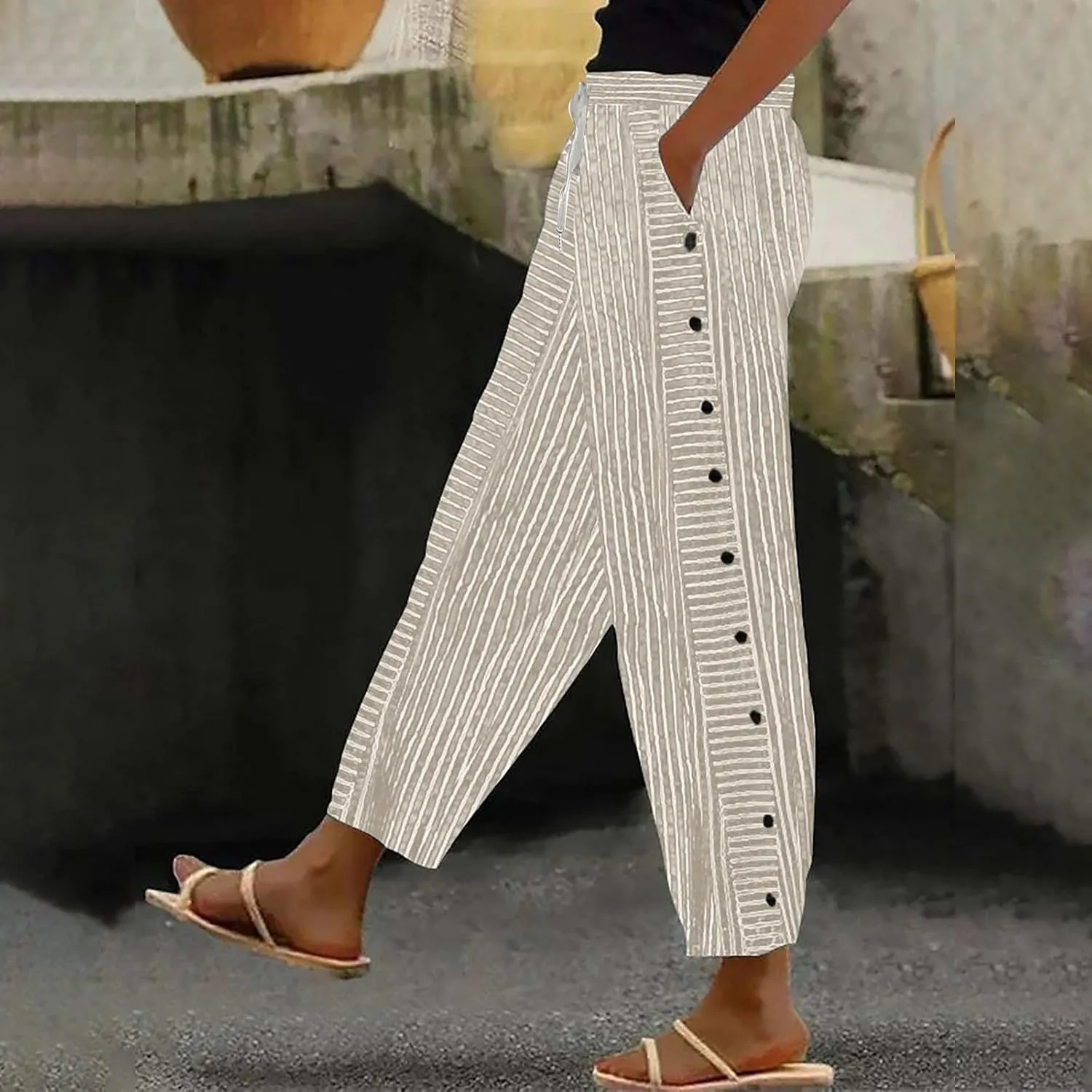 Striped Linen Pant Women Lightweight Side Button Elastic Waist Straight Leg Trendy Capri Casual Summer Trouser Pocket