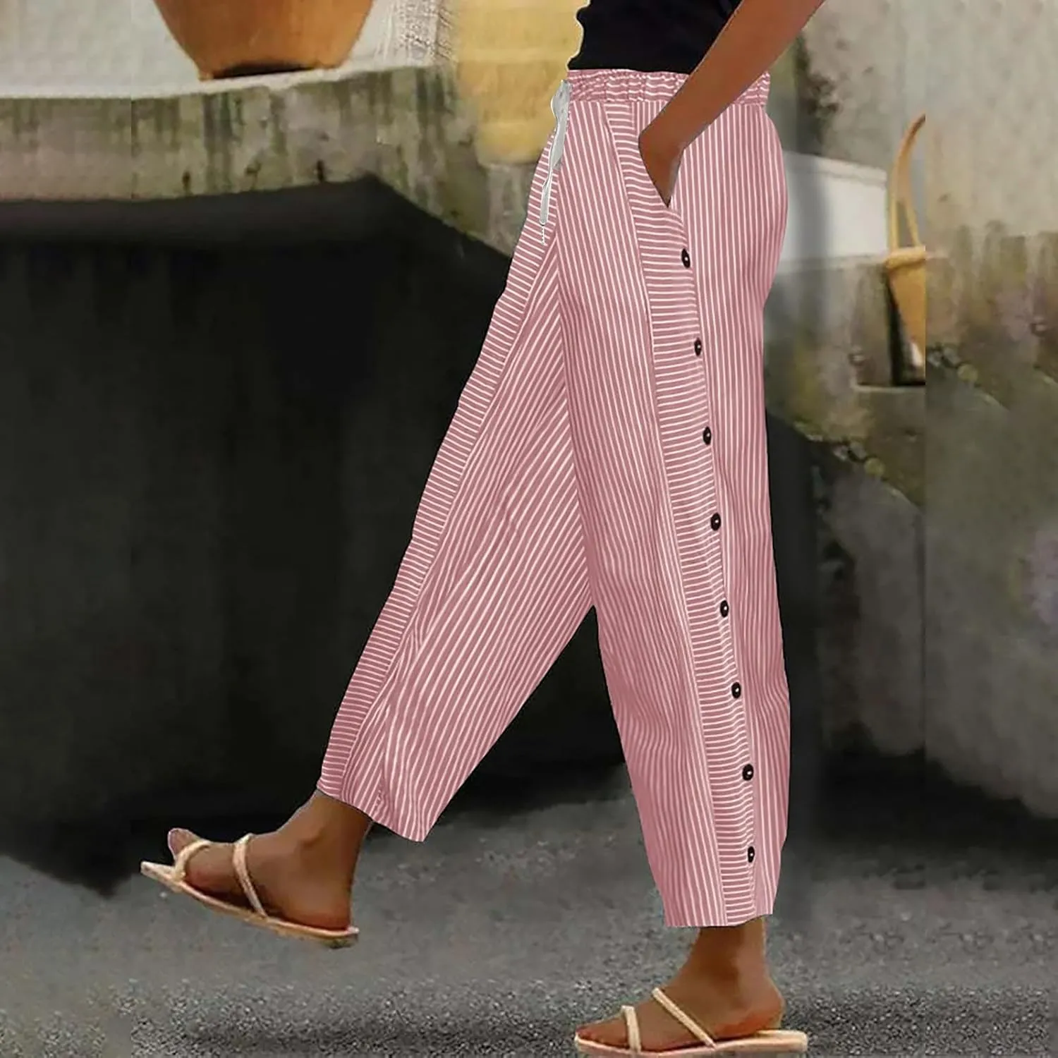 Striped Linen Pant Women Lightweight Side Button Elastic Waist Straight Leg Trendy Capri Casual Summer Trouser Pocket