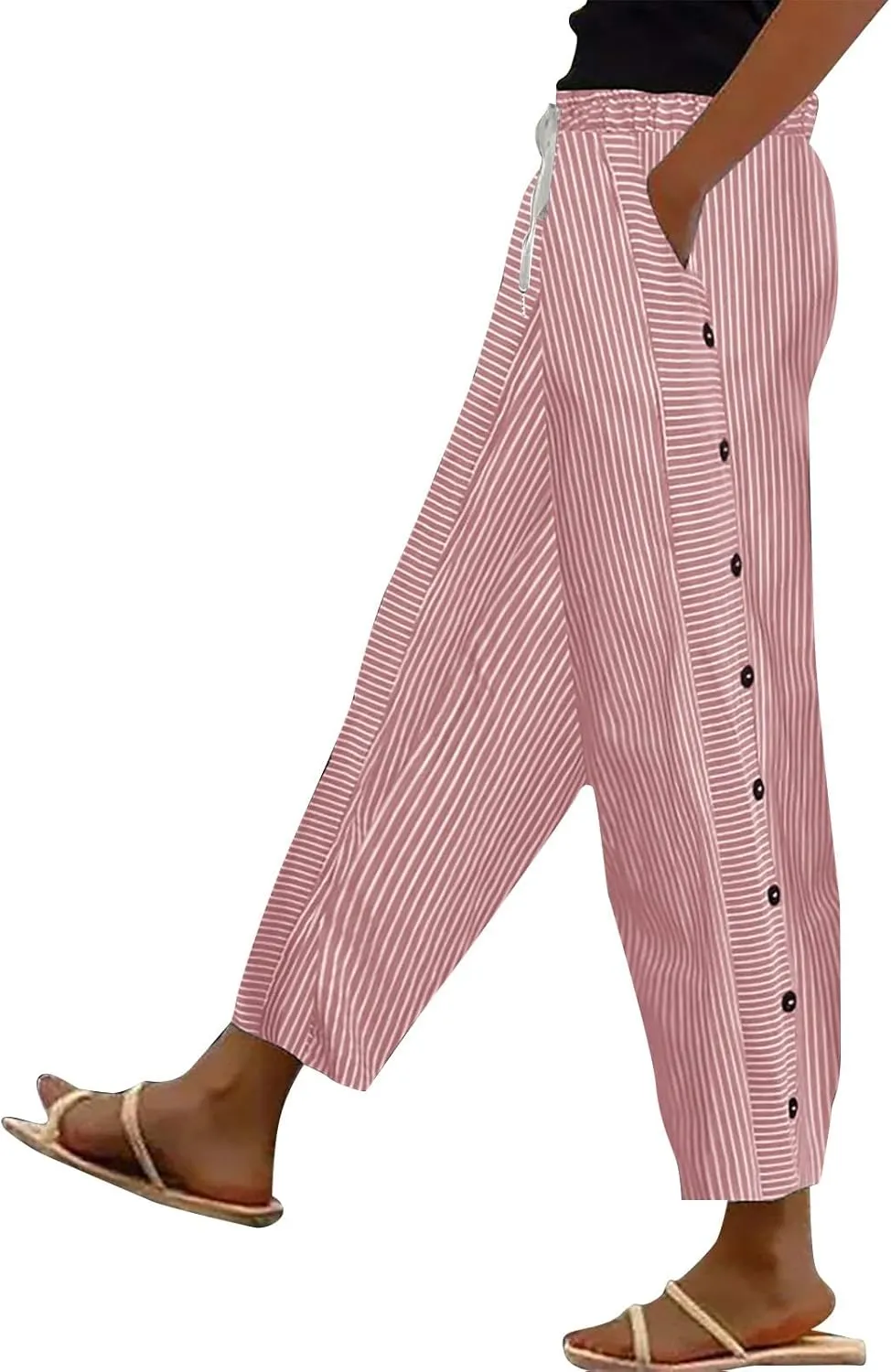 Striped Linen Pant Women Lightweight Side Button Elastic Waist Straight Leg Trendy Capri Casual Summer Trouser Pocket