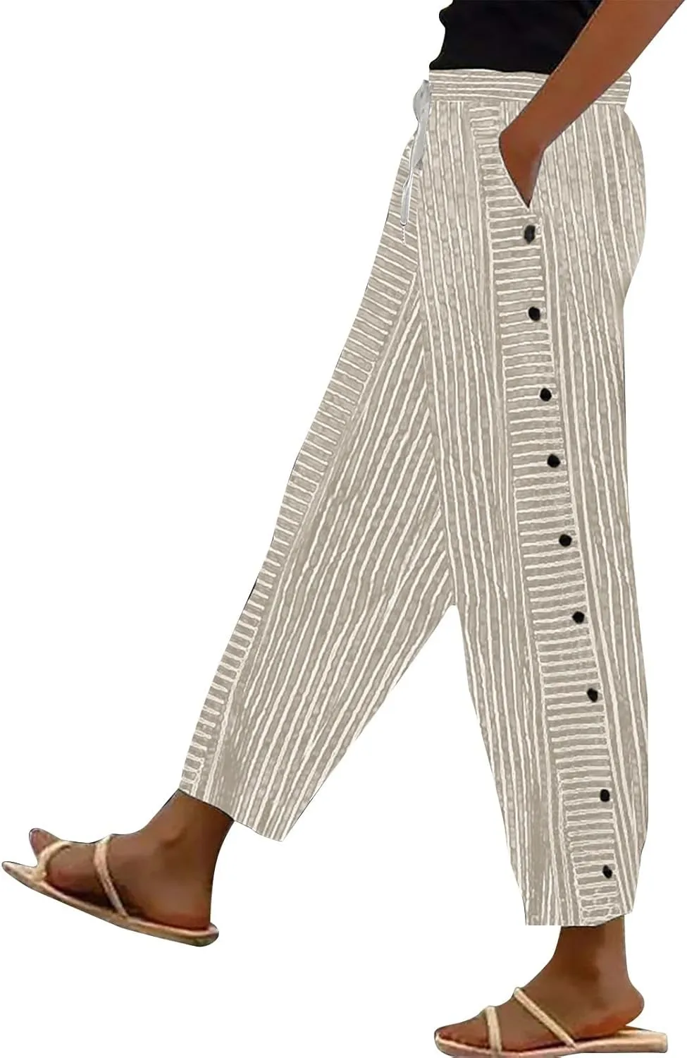 Striped Linen Pant Women Lightweight Side Button Elastic Waist Straight Leg Trendy Capri Casual Summer Trouser Pocket