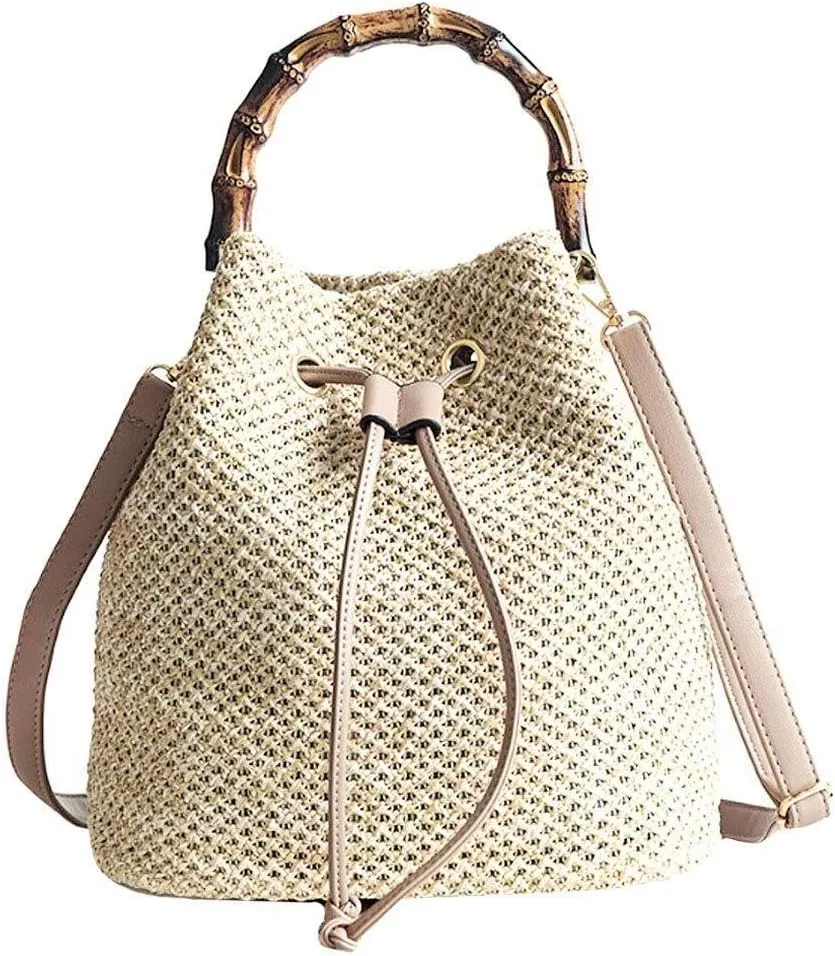 Summer Handbags Holiday Beach Weave Tote Purse Womens Straw Bucket Drawstring Shoulder
