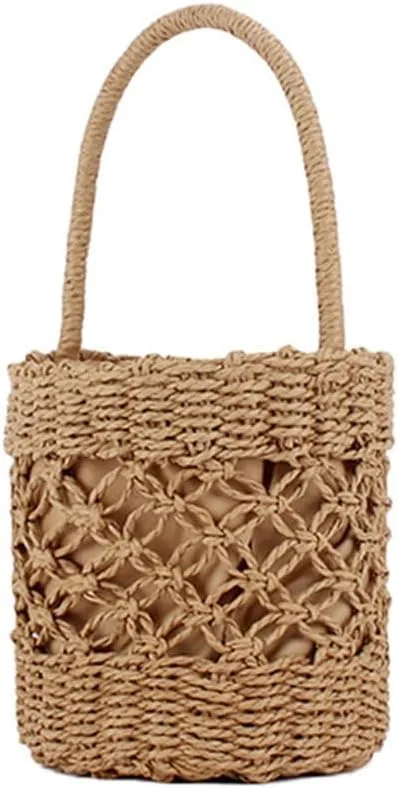 Summer Vacation Bags Women Cute Beach Drawstring Straw Bucket Tote Hollow Handbag