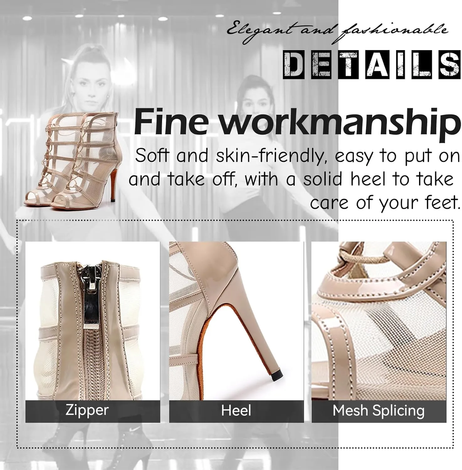 SWDZM Women's Ballroom Latin Salsa Dance Shoes Lace-up Open-Toe Dance Boots Mesh Performance Professional Dance Heels Boots