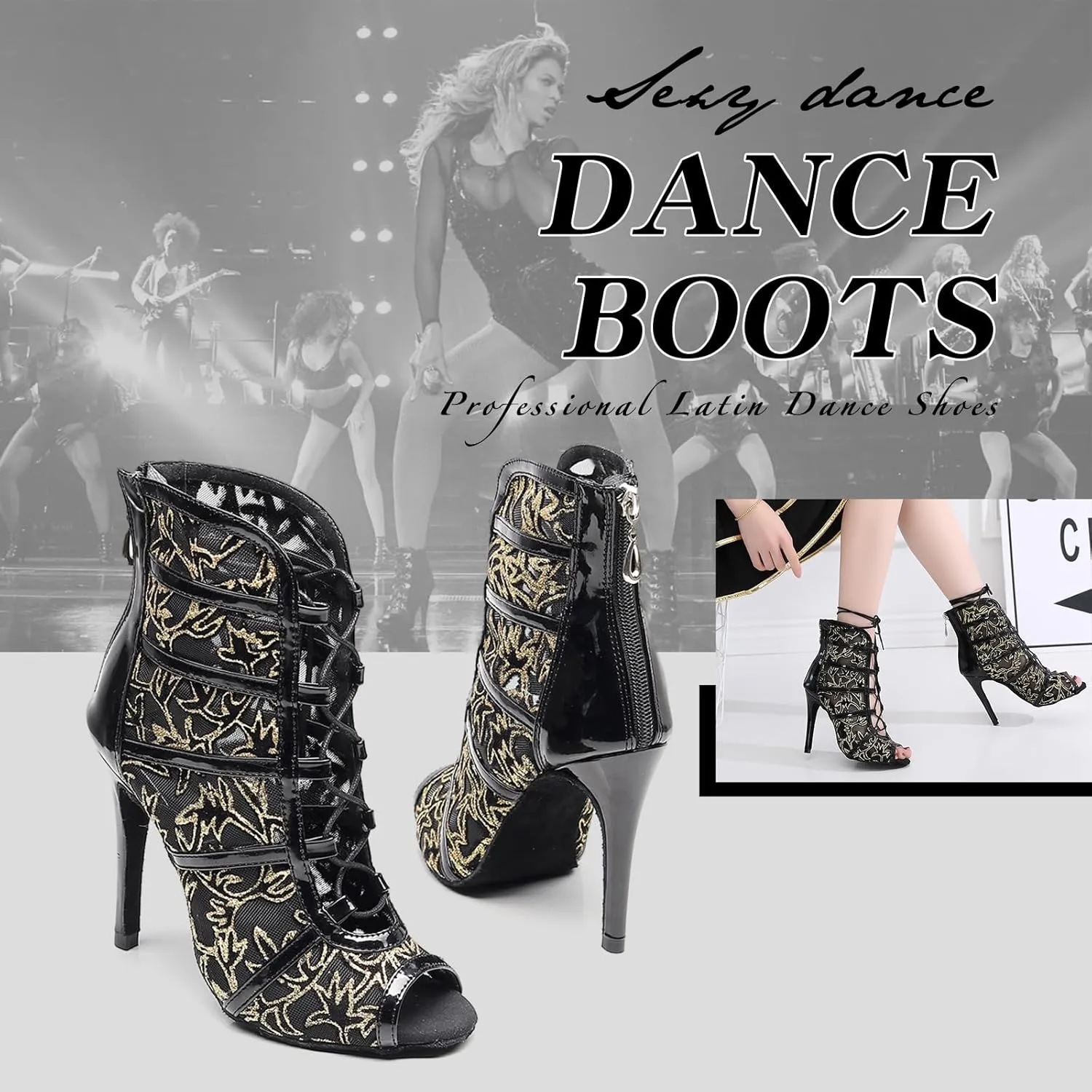 SWDZM Women's Ballroom Latin Salsa Dance Shoes Lace-up Open-Toe Dance Boots Mesh Performance Professional Dance Heels Boots