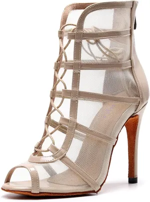 SWDZM Women's Ballroom Latin Salsa Dance Shoes Lace-up Open-Toe Dance Boots Mesh Performance Professional Dance Heels Boots