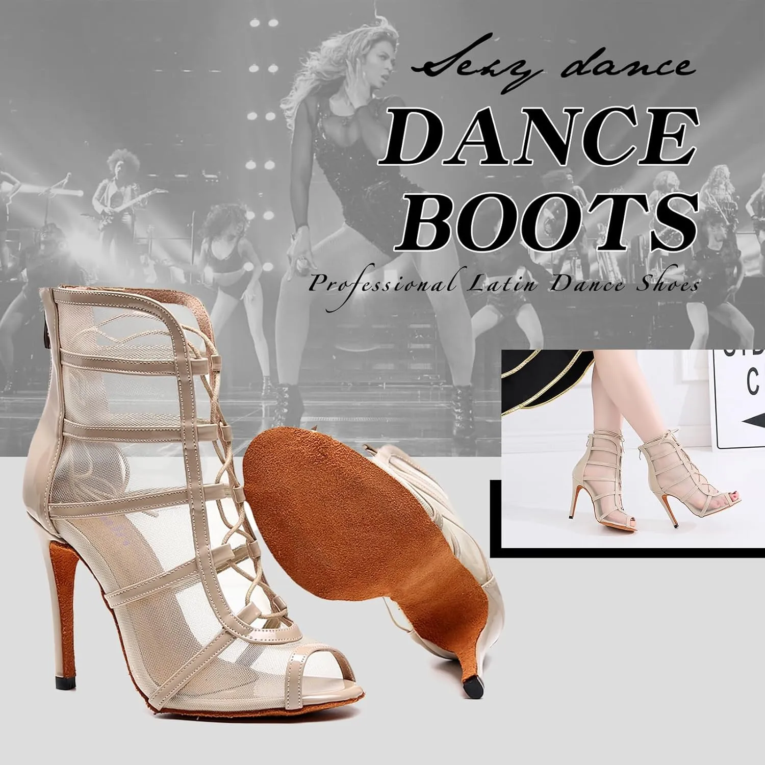 SWDZM Women's Ballroom Latin Salsa Dance Shoes Lace-up Open-Toe Dance Boots Mesh Performance Professional Dance Heels Boots