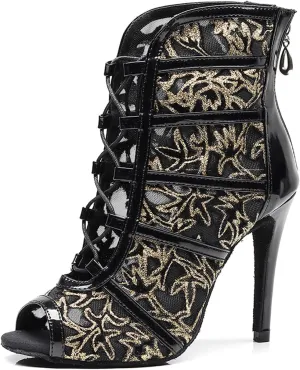 SWDZM Women's Ballroom Latin Salsa Dance Shoes Lace-up Open-Toe Dance Boots Mesh Performance Professional Dance Heels Boots
