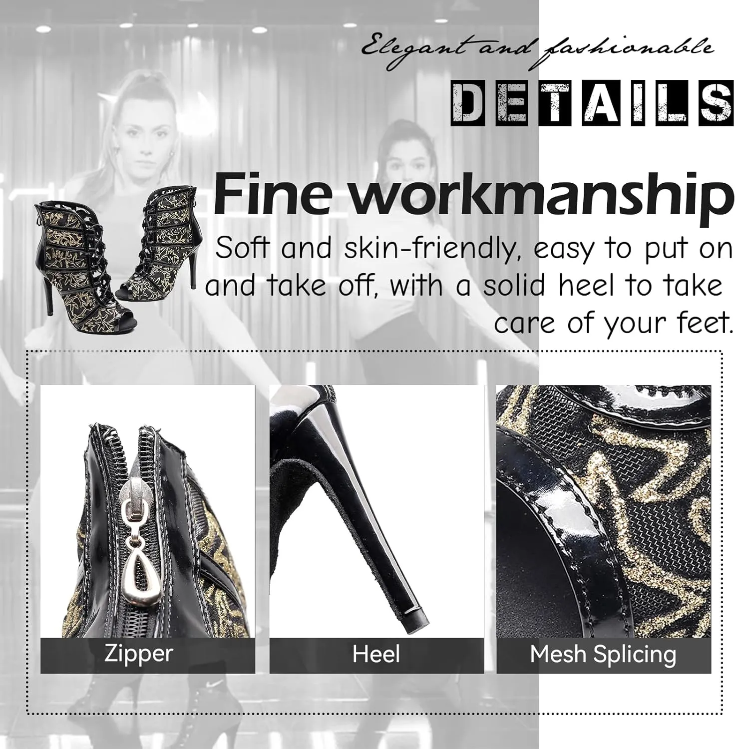 SWDZM Women's Ballroom Latin Salsa Dance Shoes Lace-up Open-Toe Dance Boots Mesh Performance Professional Dance Heels Boots