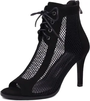 SWDZM Womens Open Toe Latin Dance Boots Salsa Tango Performance Practice Ballroom Lace-up Ankle Dance Shoes,Model DS970