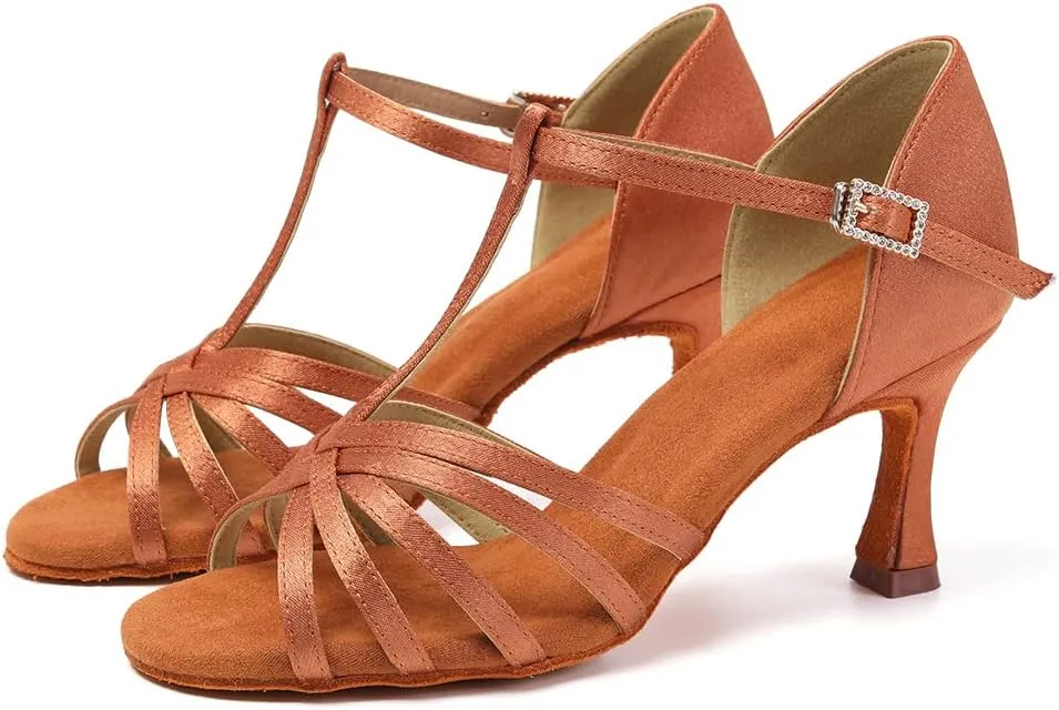 SWDZM Womens T-Strap Latin Salsa Ballroom Dance Heels Open Toe Comfortable Professional Dance Shoes