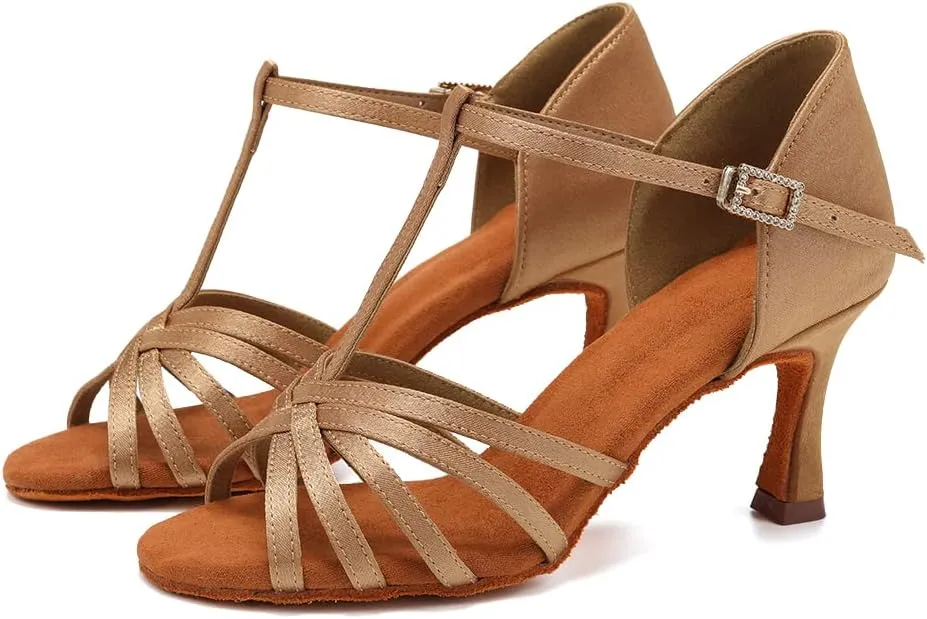 SWDZM Womens T-Strap Latin Salsa Ballroom Dance Heels Open Toe Comfortable Professional Dance Shoes